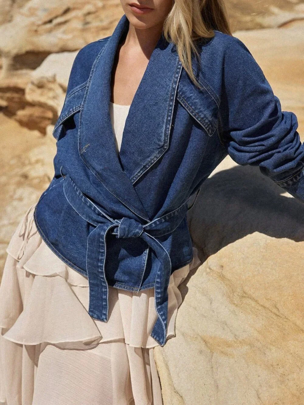 Blue Casual Women's Tie-Up Collar Denim Jacket